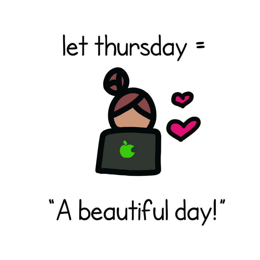 A girl working at a laptop.  The words, "let thursday = a beautiful day."