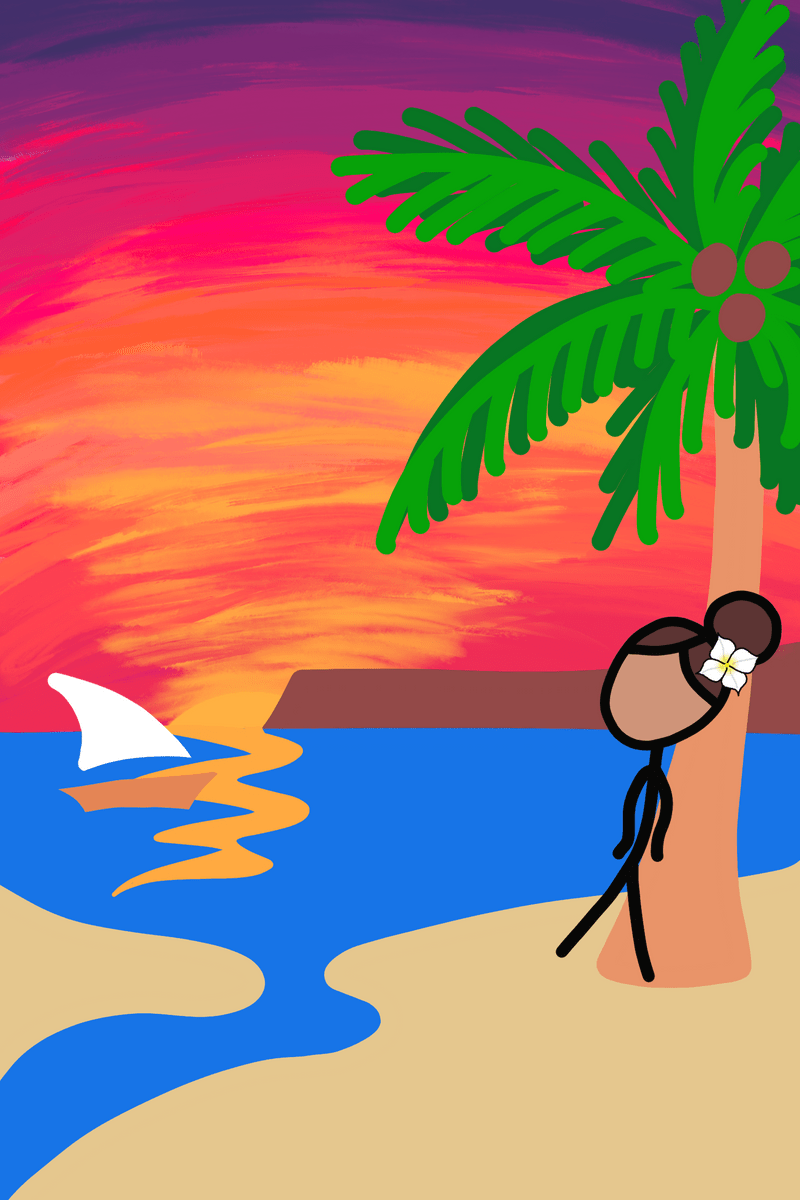 island baby girl standing against a palm tree in guam while watching the colorful tropical sunset